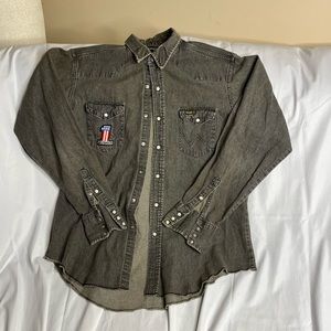 Mens Vintage Wrangler Pearl Snap Blue Denim Jean Shirt 17.5 Made In USA
